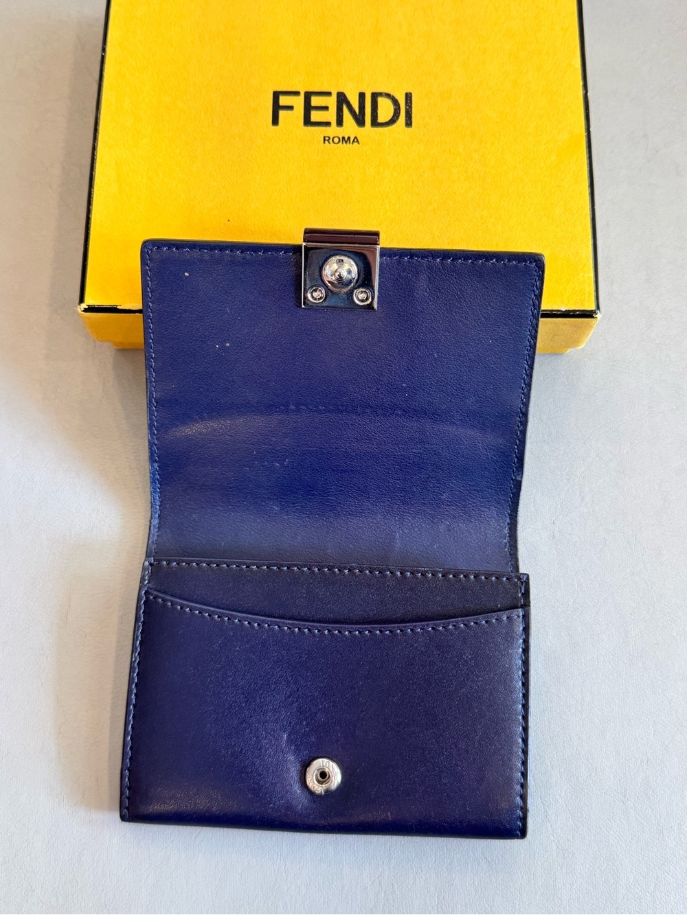 Fendi Vitello Liberty Studded Fold Over Cardholder in Navy - Picture 4 of 11